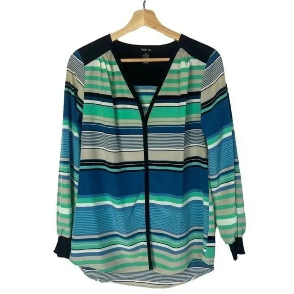 Style & Co Blue & Green Stripe Long Sleeve Blouse XS